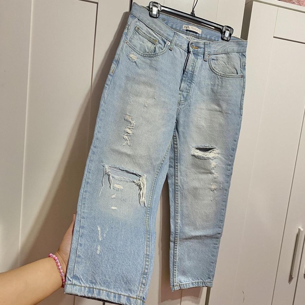 Zara Sky Blue Distressed Straight Jeans
